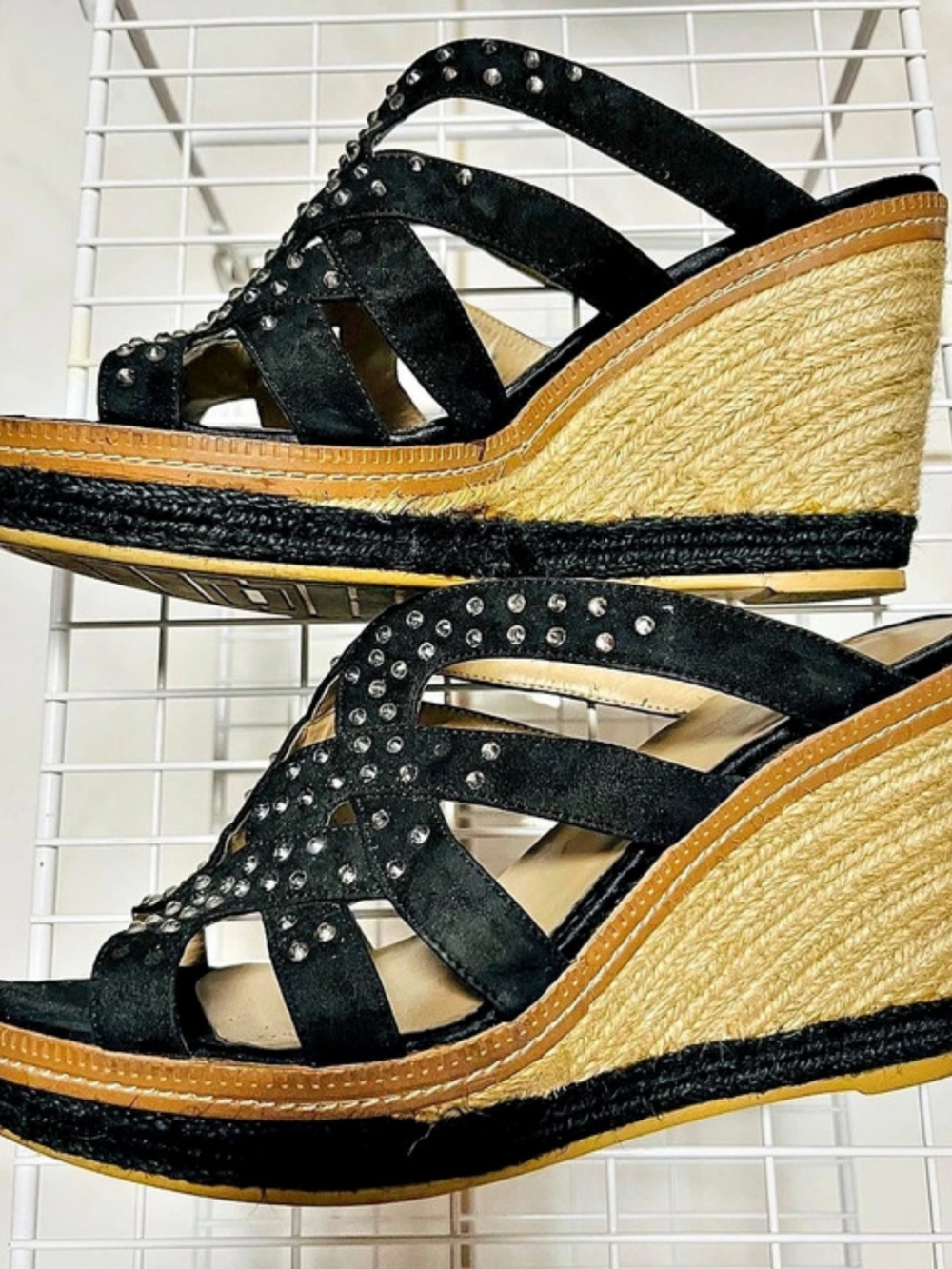 Studded Wedge Sandals in Black & Tan Like New